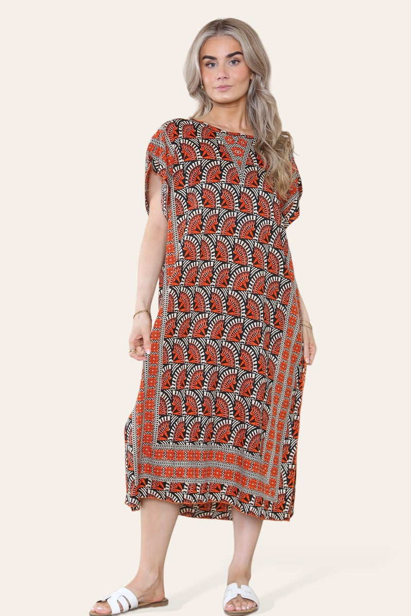 Geometric Midi Dress mosaic V-neck eastern border