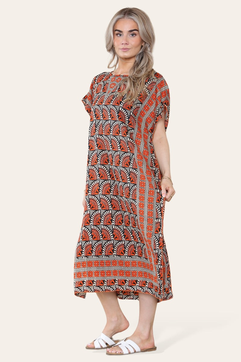 Geometric Midi Dress mosaic V-neck eastern border