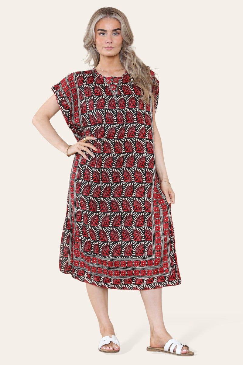 Geometric Midi Dress mosaic V-neck eastern border