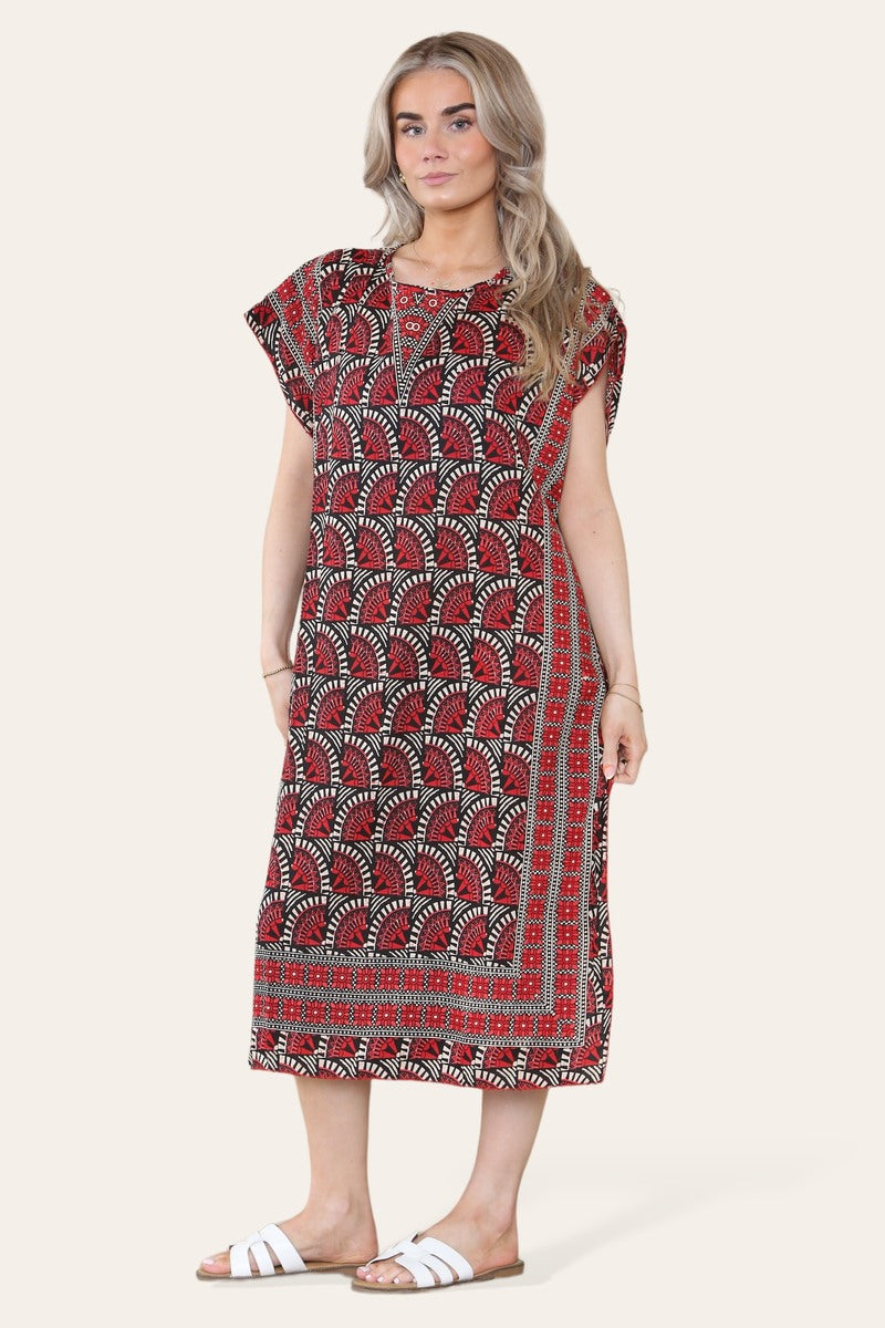 Geometric Midi Dress mosaic V-neck eastern border