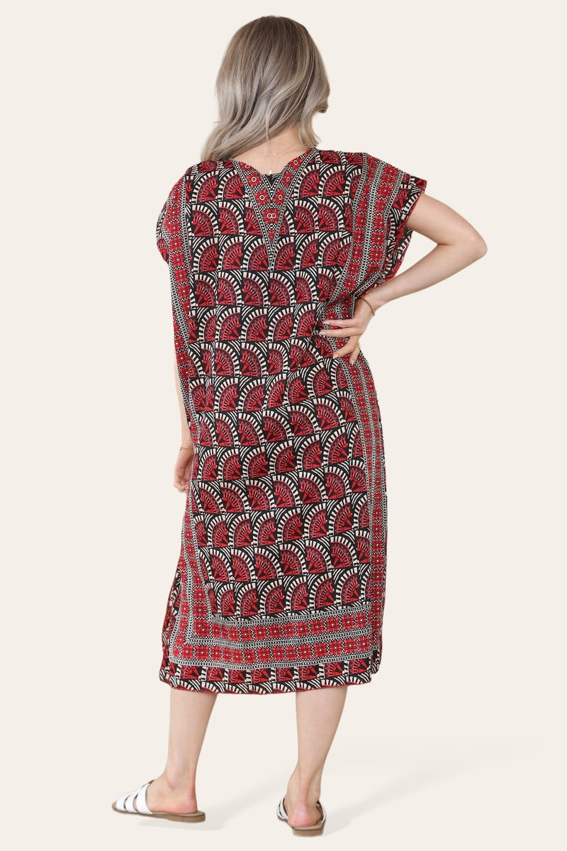 Geometric Midi Dress mosaic V-neck eastern border