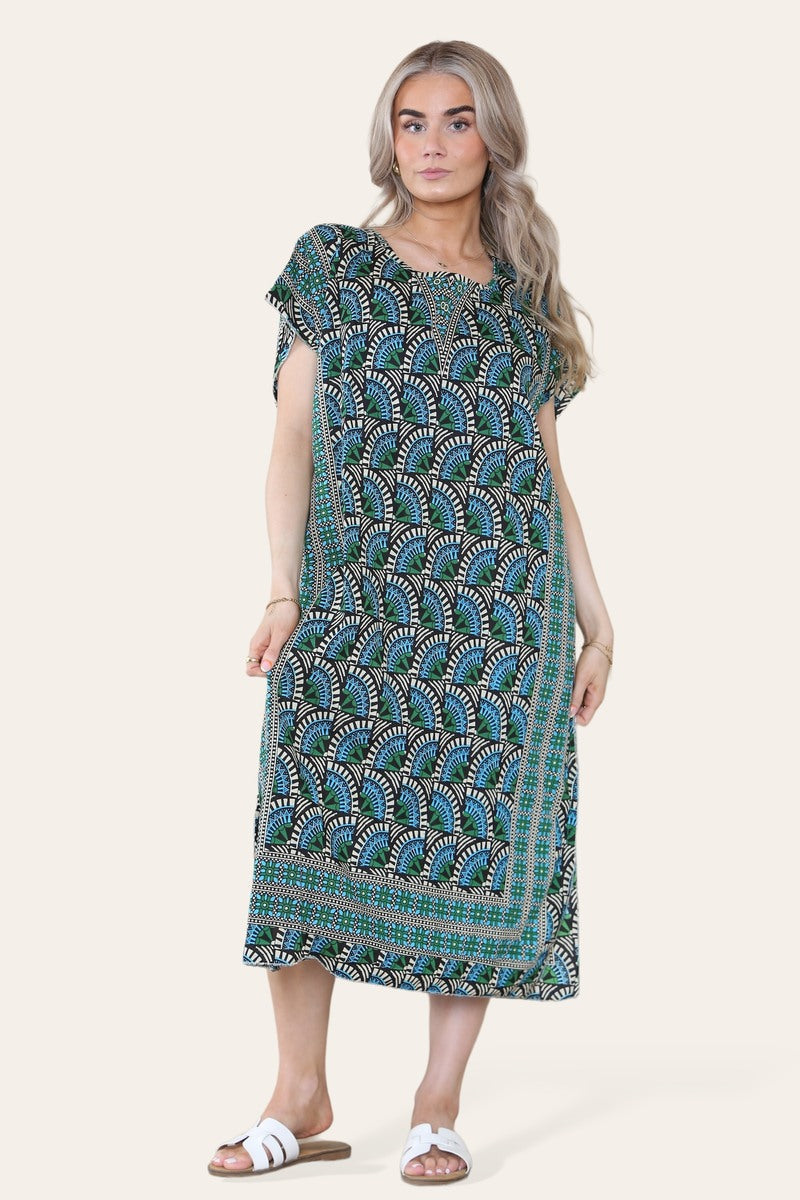 Geometric Midi Dress mosaic V-neck eastern border