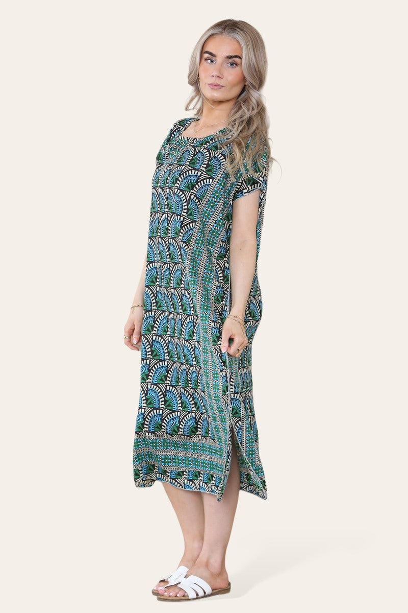 Geometric Midi Dress mosaic V-neck eastern border