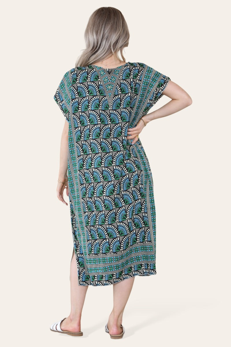 Geometric Midi Dress mosaic V-neck eastern border