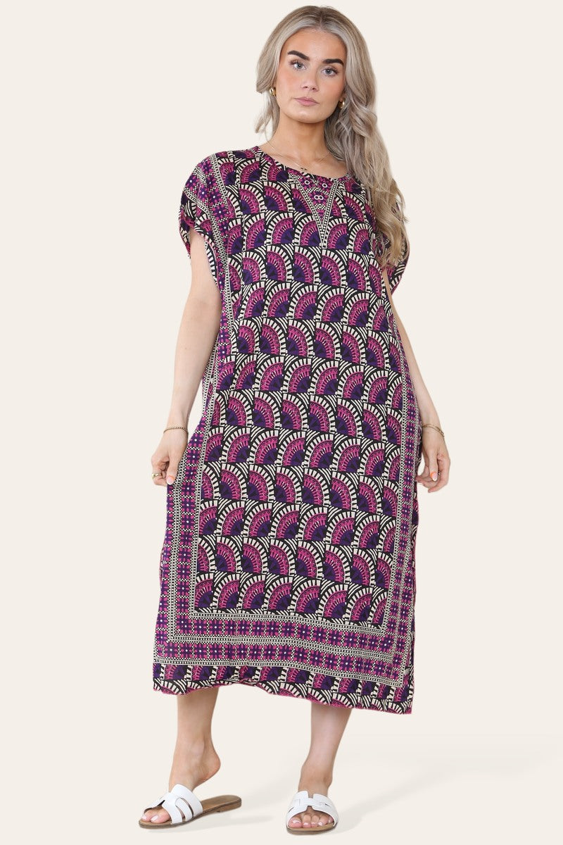 Geometric Midi Dress mosaic V-neck eastern border