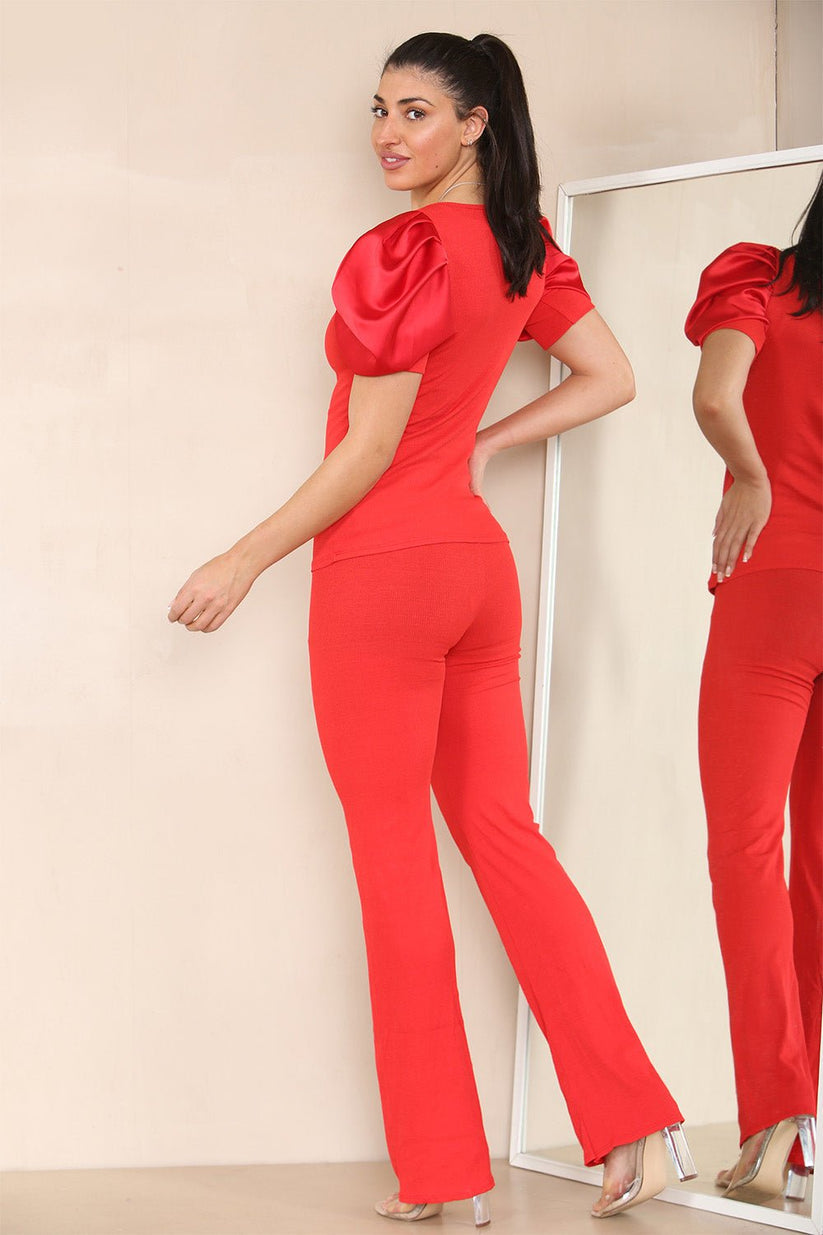 Silky Satin Puff Sleeves Ribbed Lounge Set