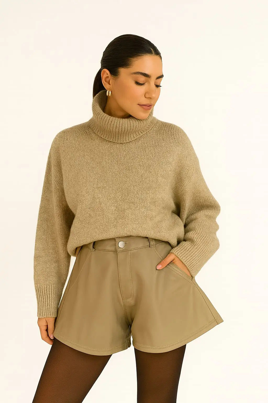 High-waisted flared faux leather shorts, chic and trendy style