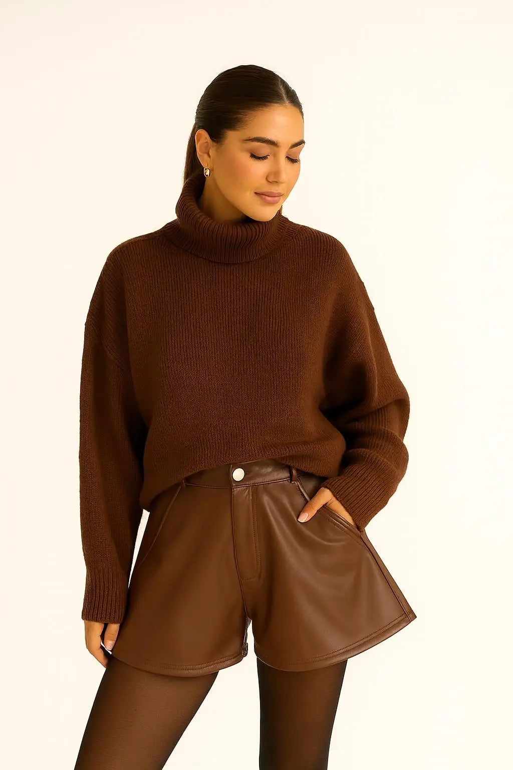 High-waisted flared faux leather shorts, chic and trendy style